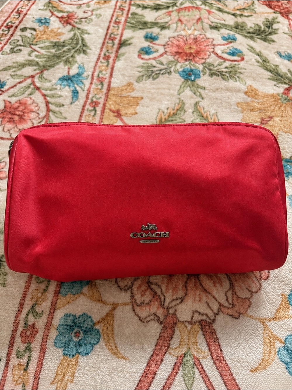 Coach Red Satin Cosmetic Pouch with Silver Logo